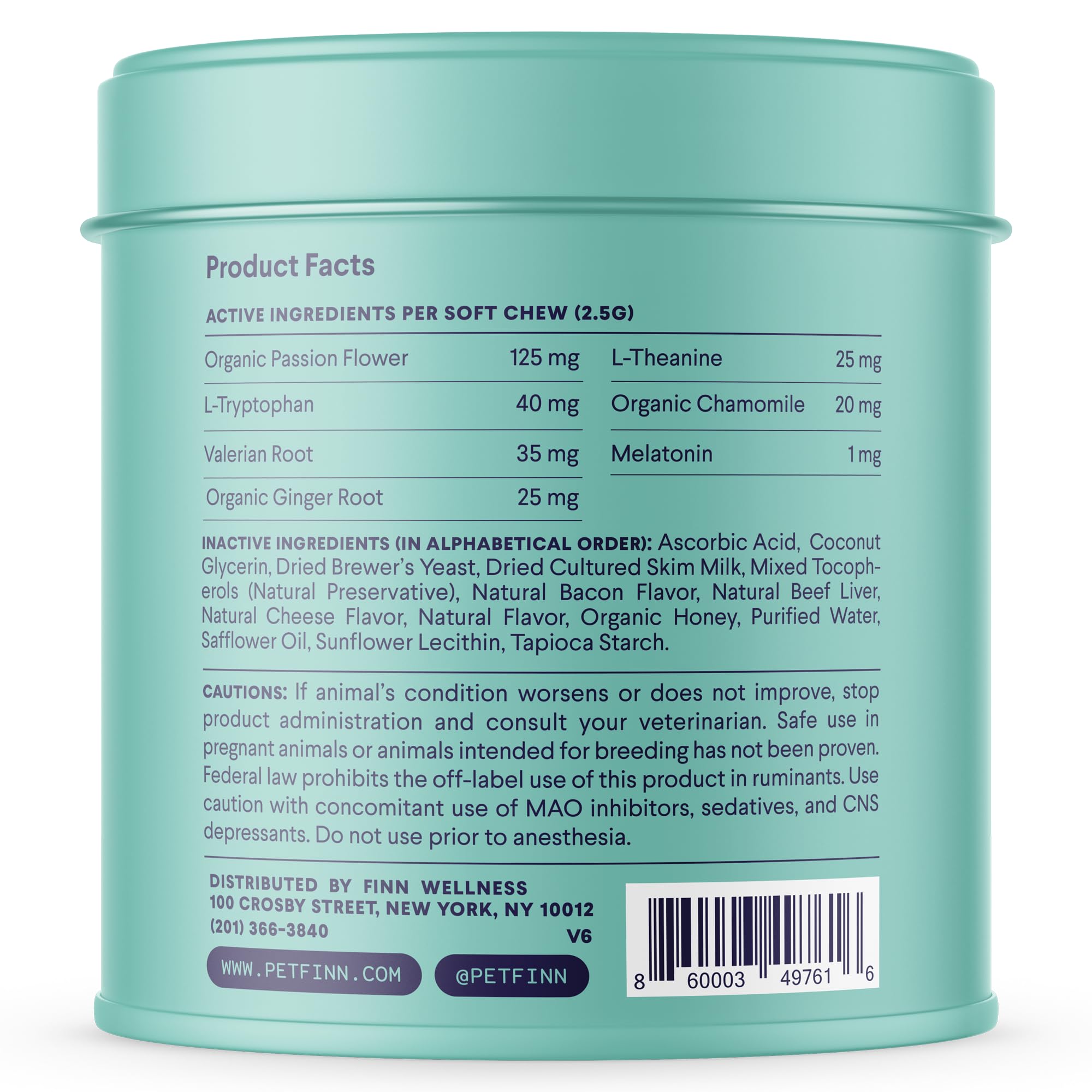Finn Calming Aid packaging with 90 soft chews easy to store and serve