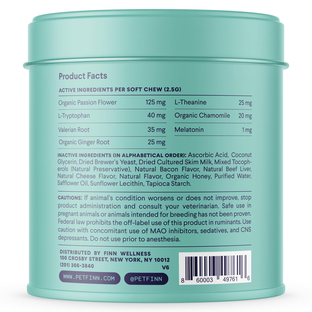 Finn Calming Aid packaging with 90 soft chews easy to store and serve