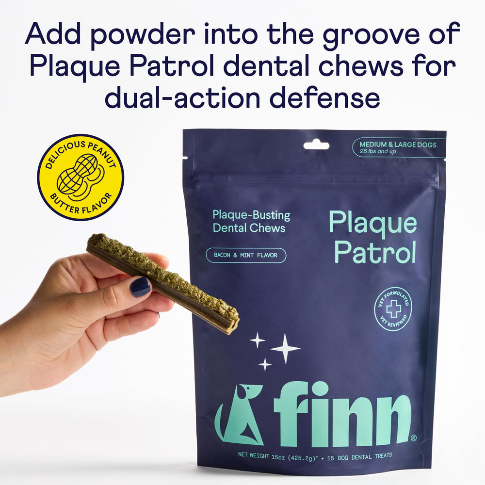 Finn Dental Powder for Dogs plaque detail, targets plaque buildup for cleaner smiles.