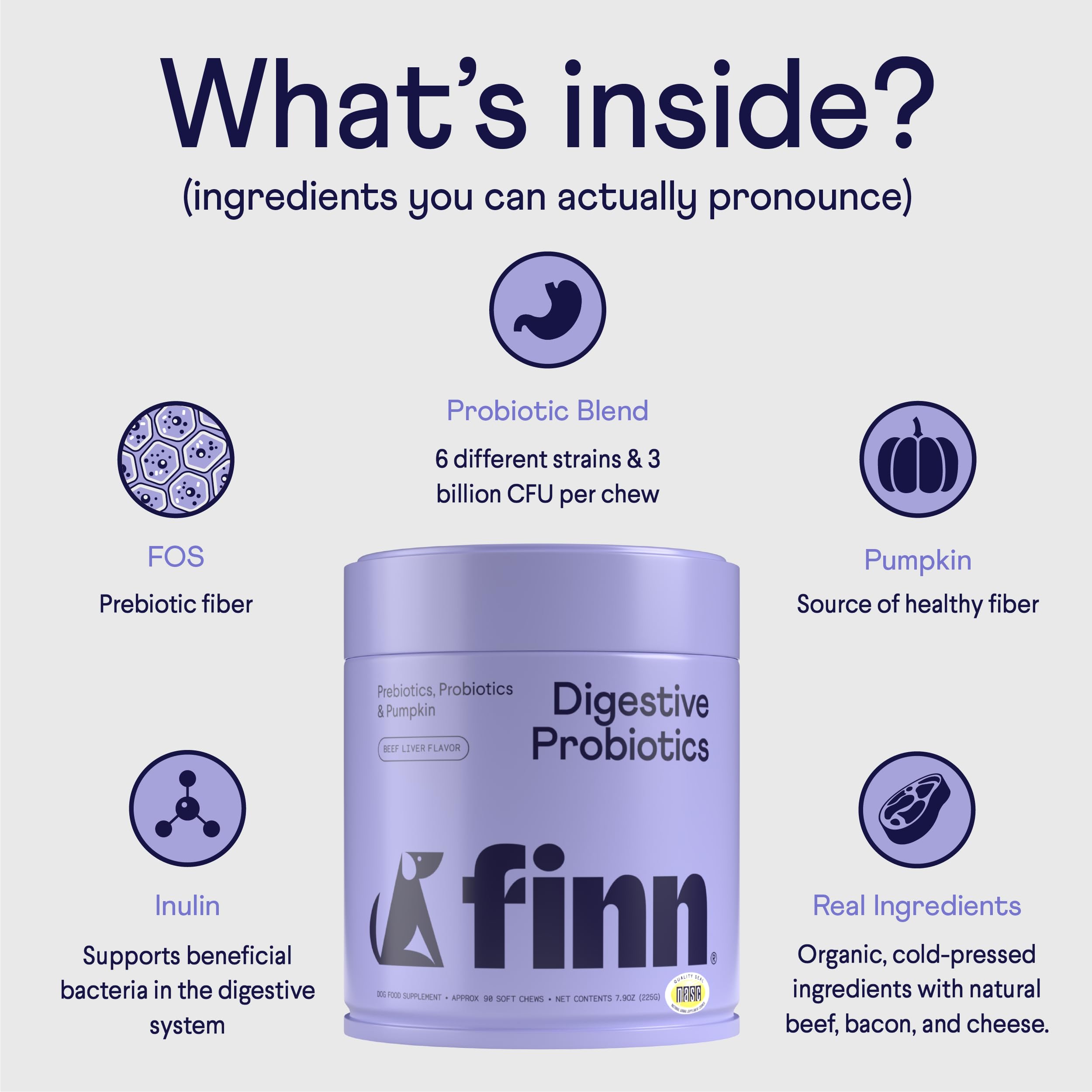 Finn Digestive Probiotics for Dogs pumpkin chunks highlight fiber and gut support