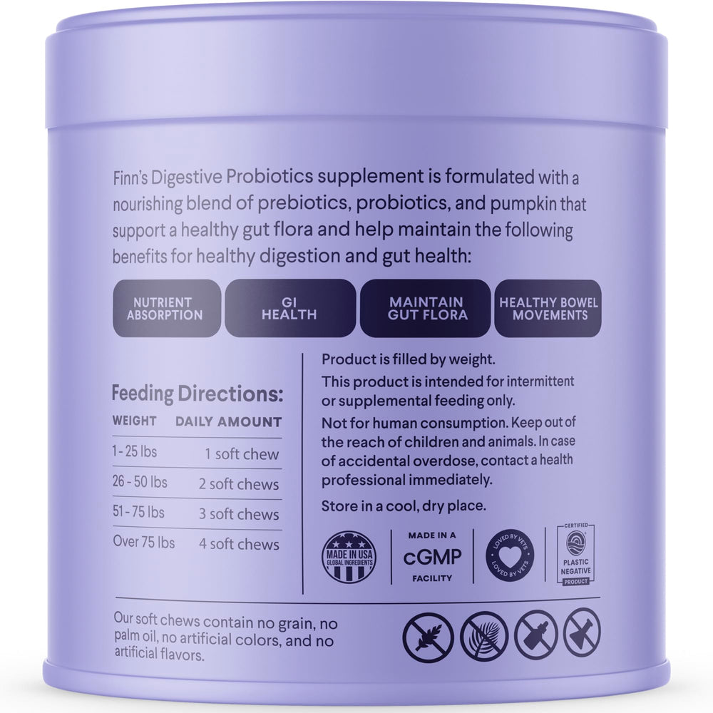 Finn Digestive Probiotics for Dogs serving in dish demonstrates convenient daily dosing