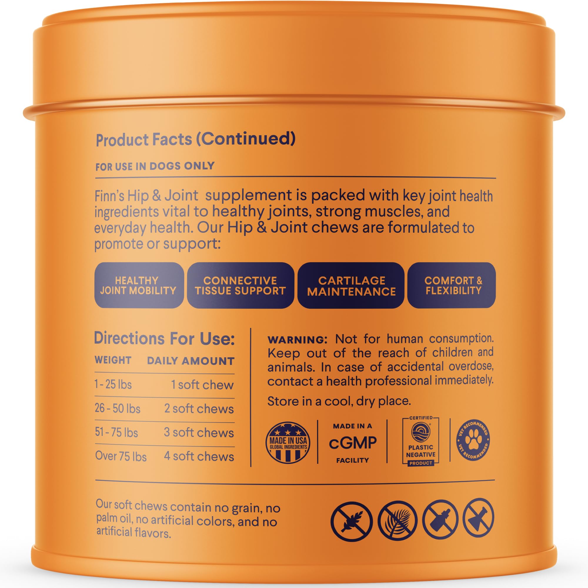 Finn Hip and Joint ingredients panel highlights glucosamine chondroitin MSM benefits.