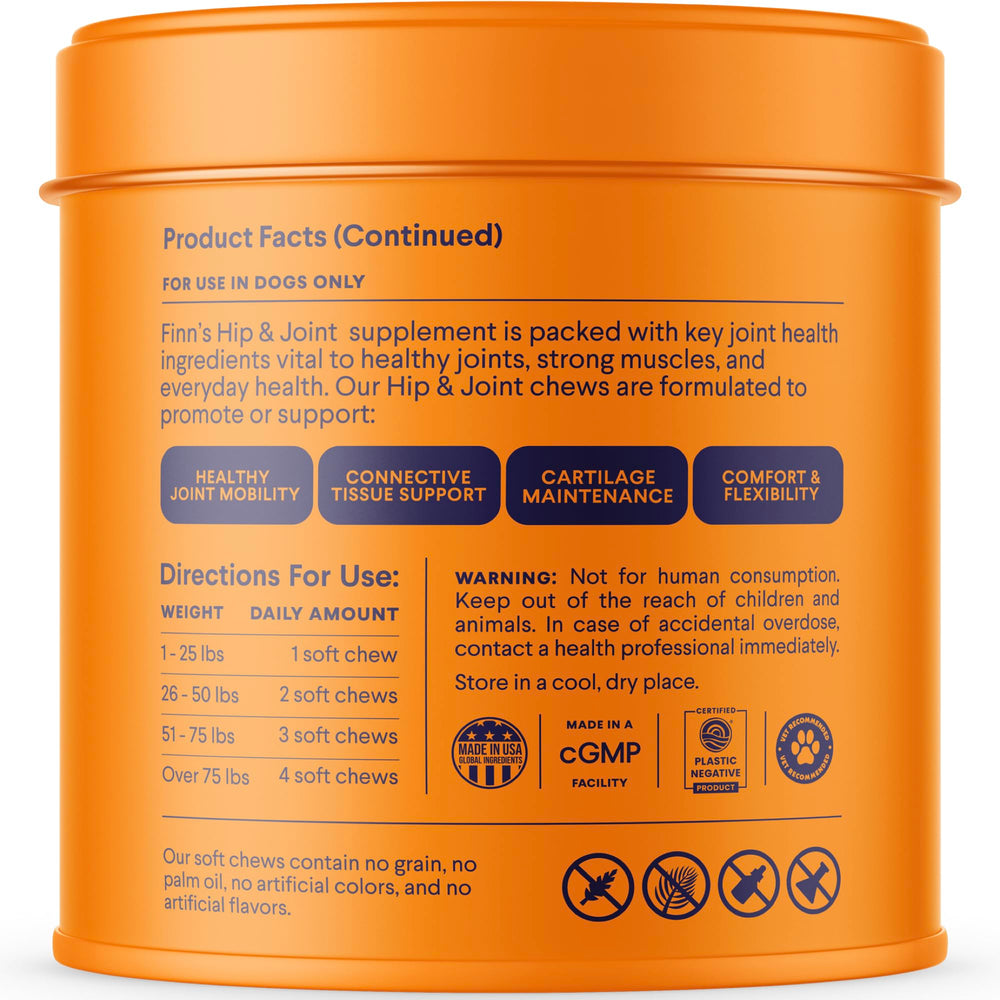 Finn Hip and Joint ingredients panel highlights glucosamine chondroitin MSM benefits.