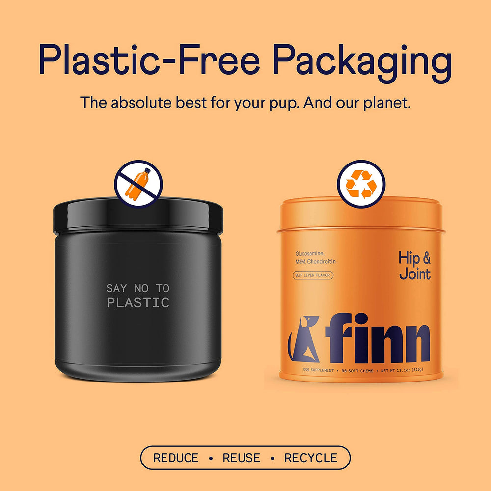 Finn packaging with bottle conveys premium joint support for dogs.