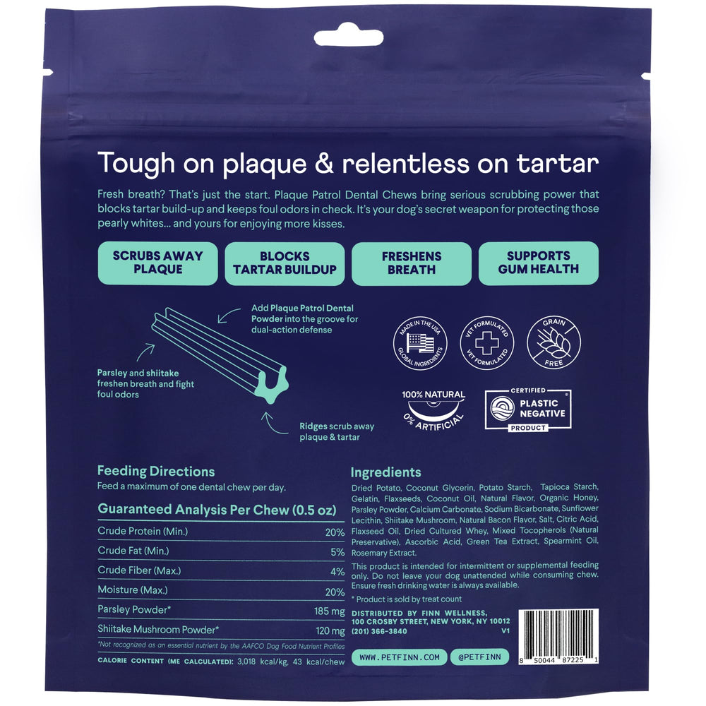 Finn Plaque Patrol dental chews closeup bacon flavor invites tasty dental care.