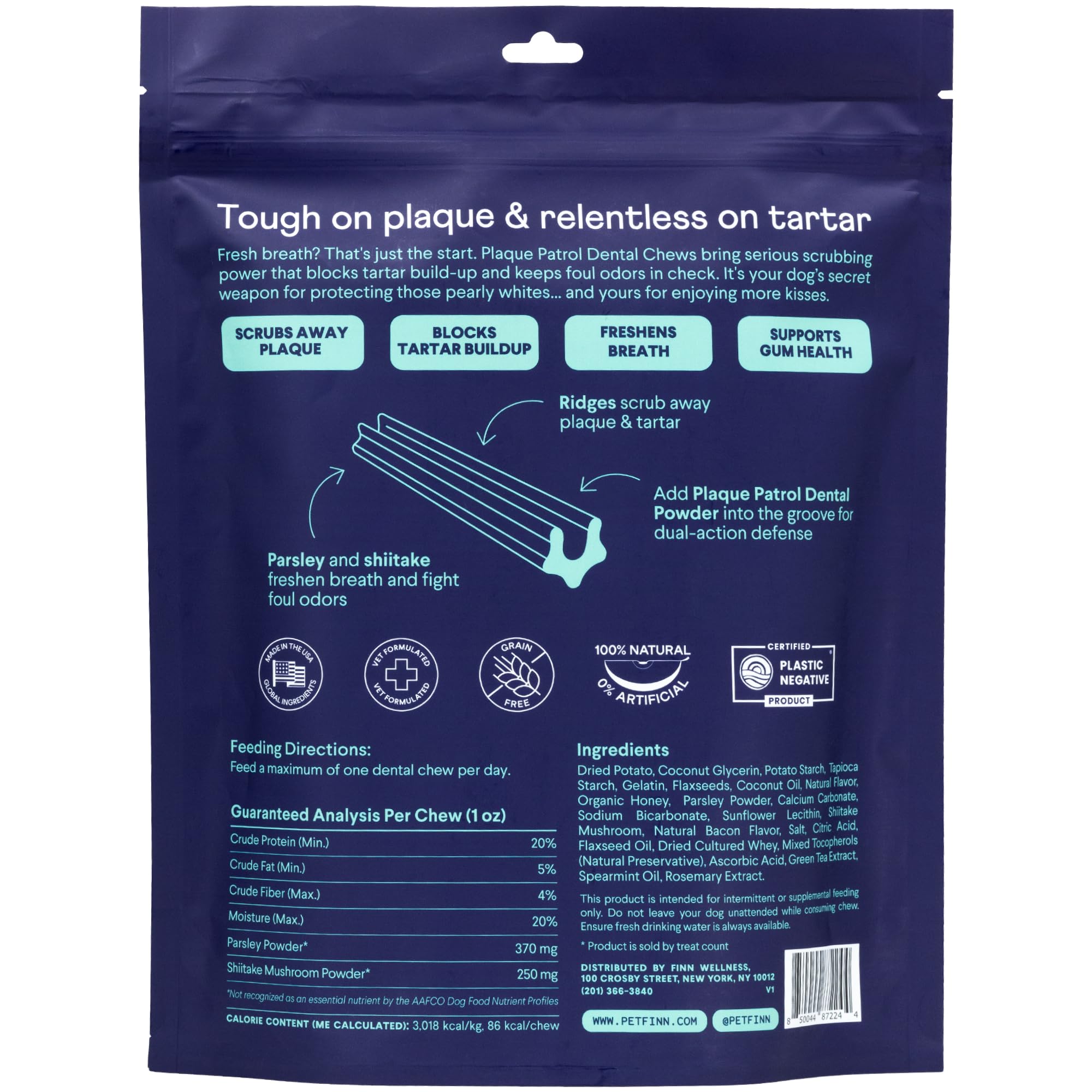Finn Plaque Patrol dental chews close-up texture with crunchy bite appeal