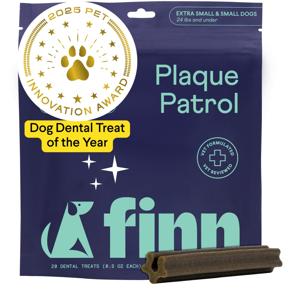 Finn Plaque Patrol dental chews packaging shows bold branding for easy shopping.