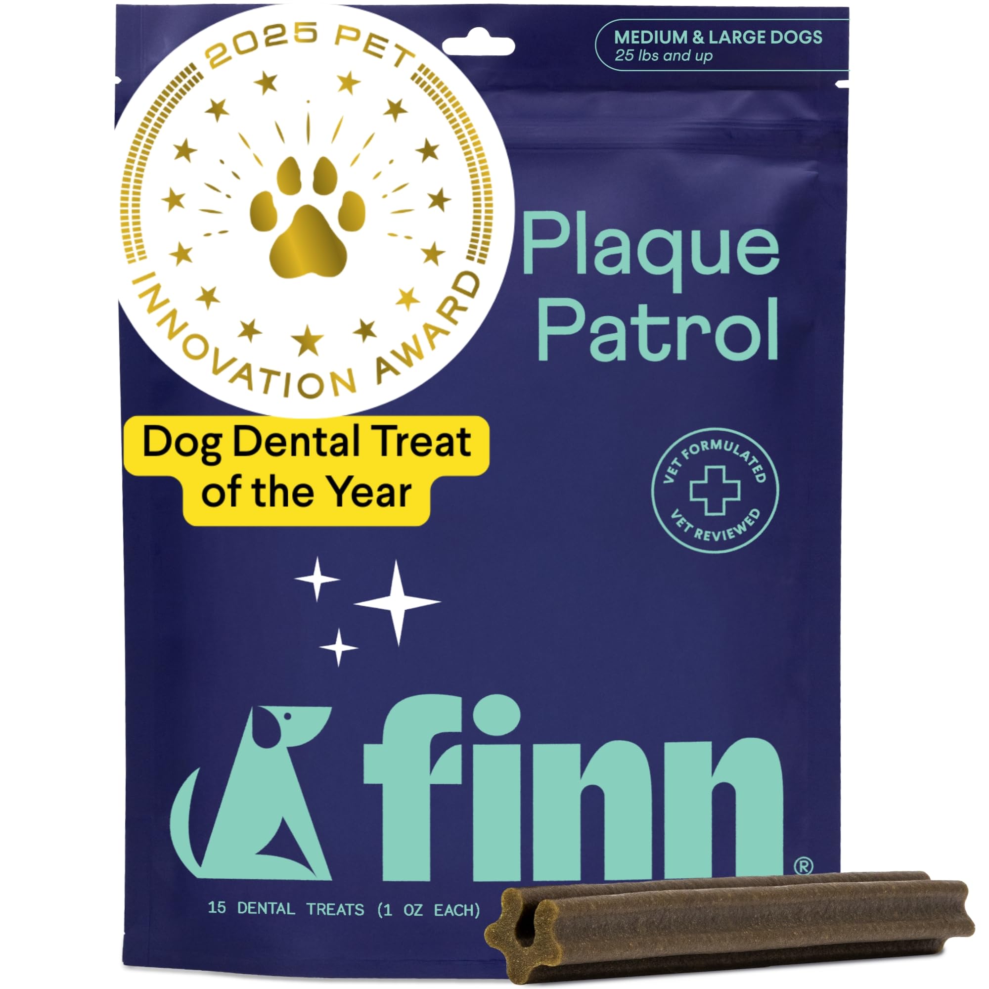 Finn Plaque Patrol dental chews packaging on shelf highlighting triple-action formula