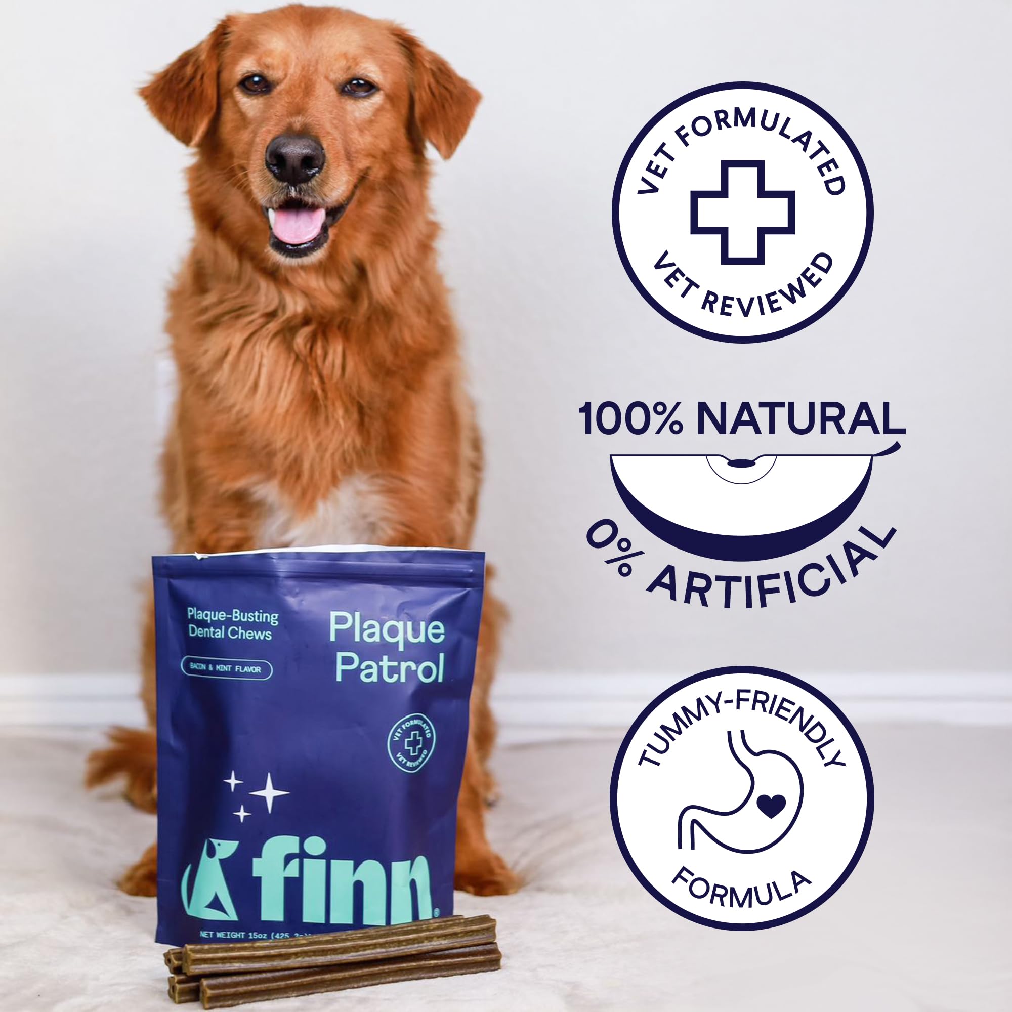 Finn Plaque Patrol dental chews vet-formulated badge visible