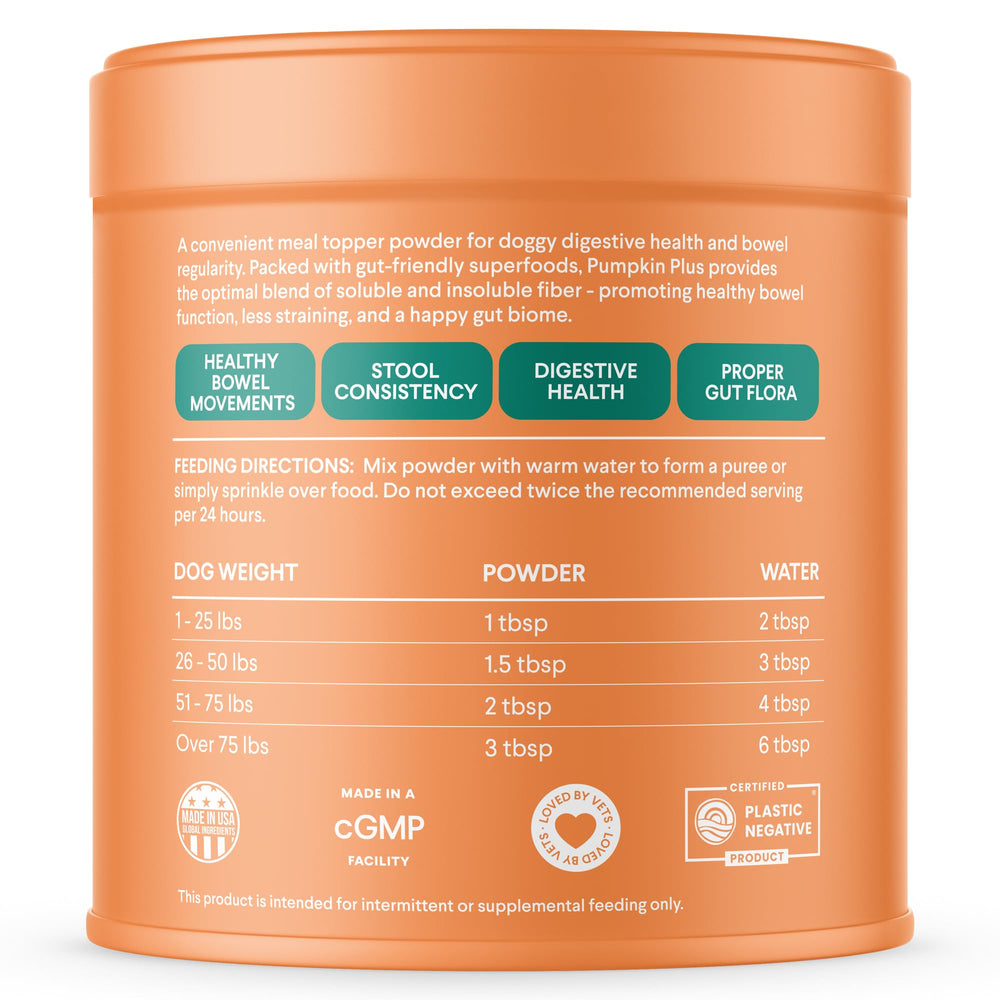 Finn Pumpkin Plus natural ingredients with pumpkin, sweet potato, and apple.
