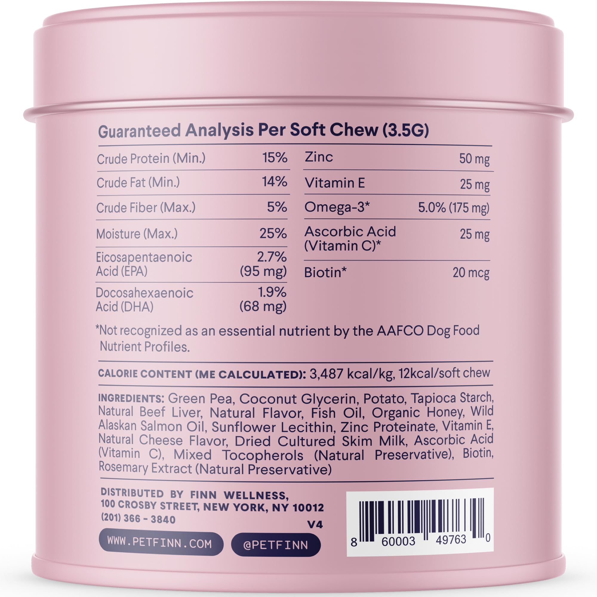 Finn Skin & Coat ingredients panel featuring biotin and vitamins