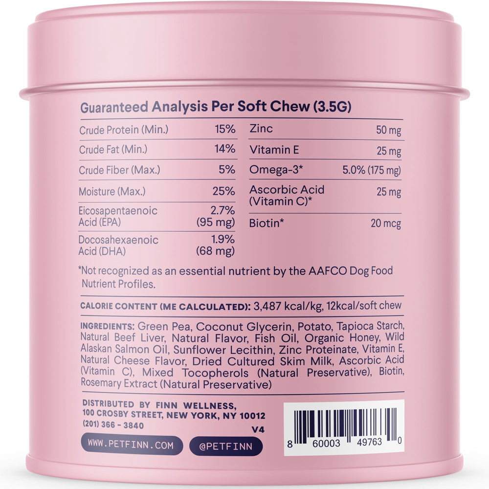 Finn Skin & Coat ingredients panel featuring biotin and vitamins
