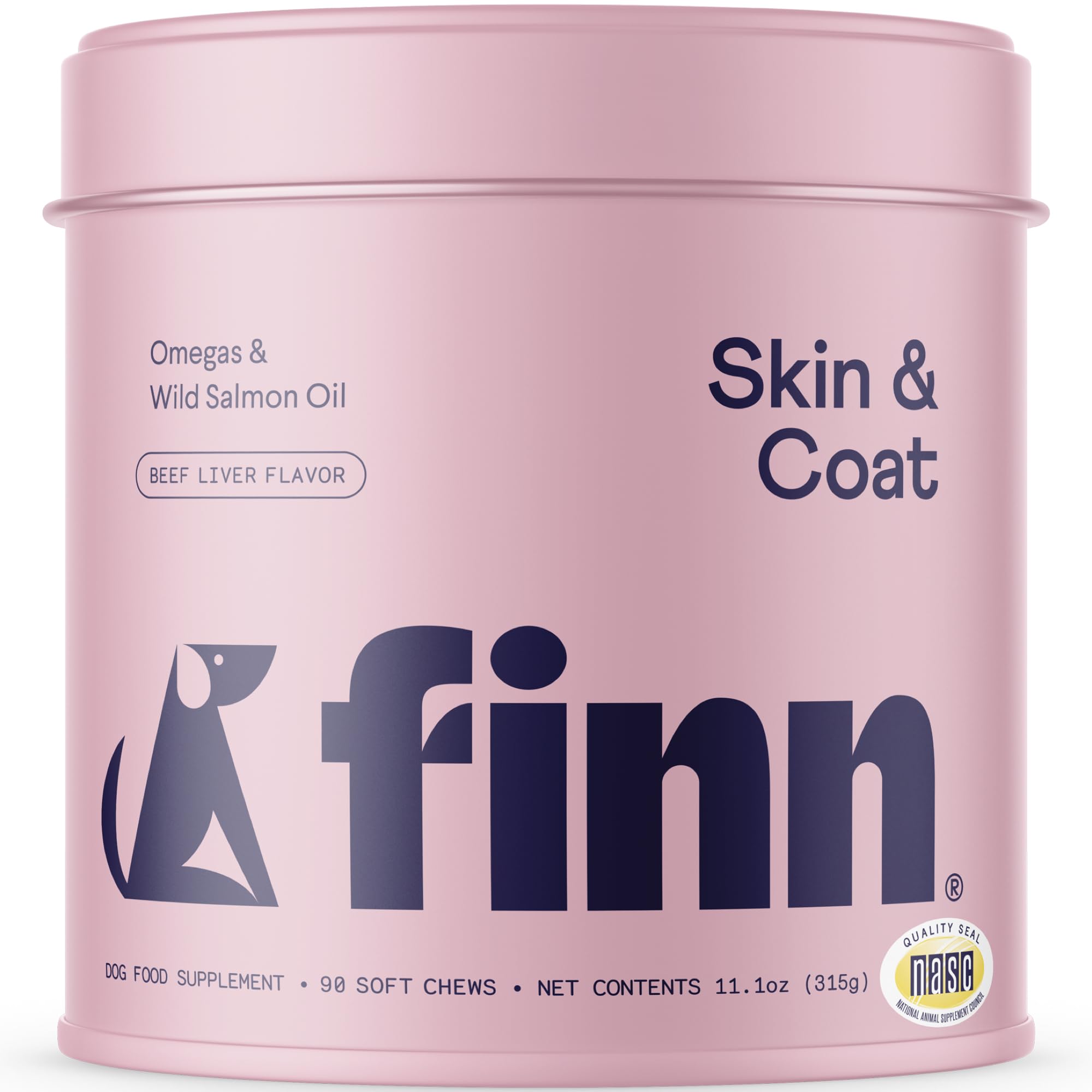 Finn Skin & Coat salmon oil bottle highlighting omega-3 richness for healthy skin