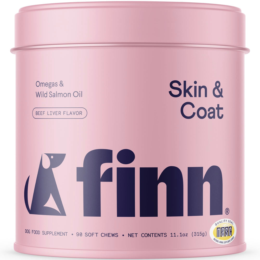 Finn Skin & Coat salmon oil bottle highlighting omega-3 richness for healthy skin