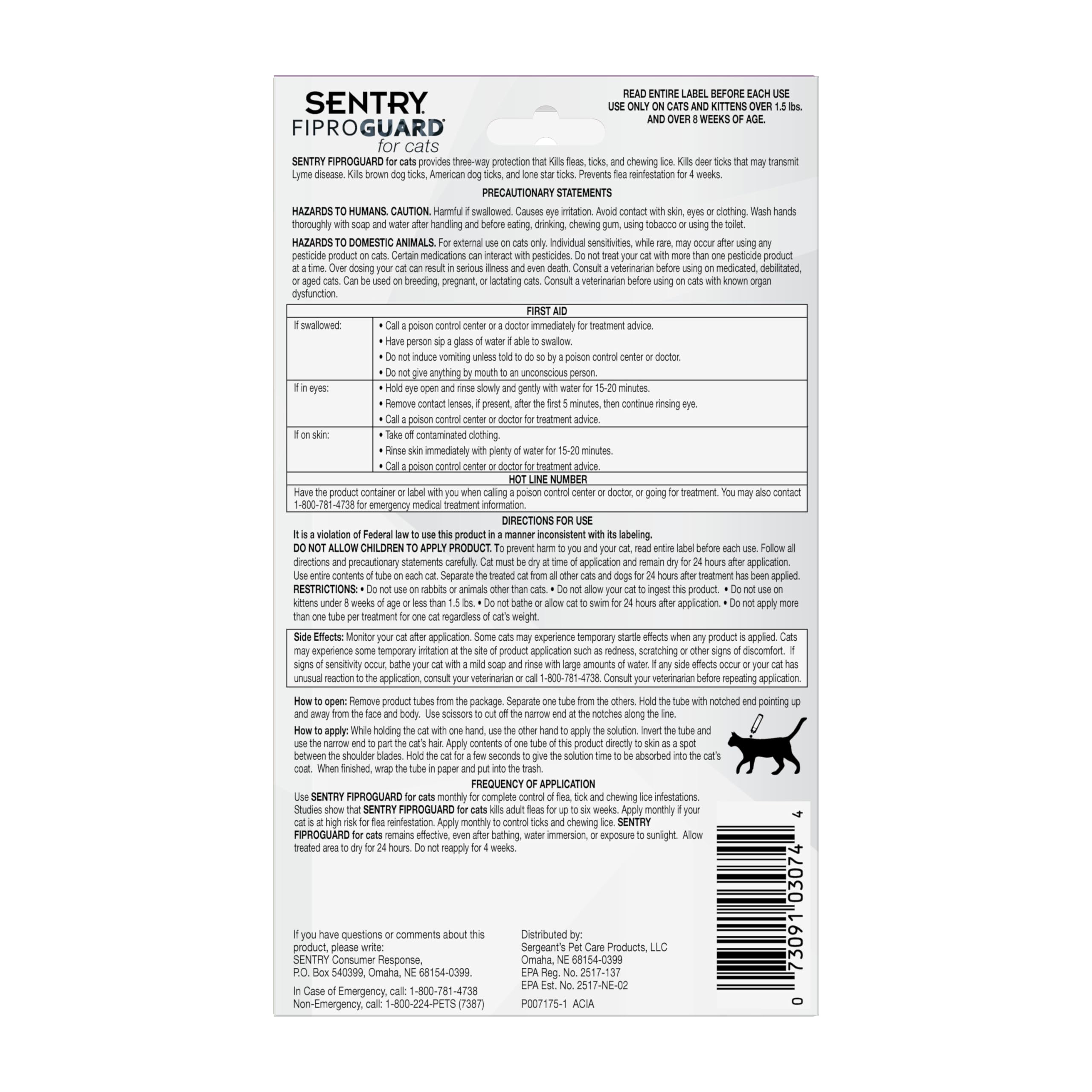 Fiproguard cat flea treatment close-up highlighting fipronil-based formula.