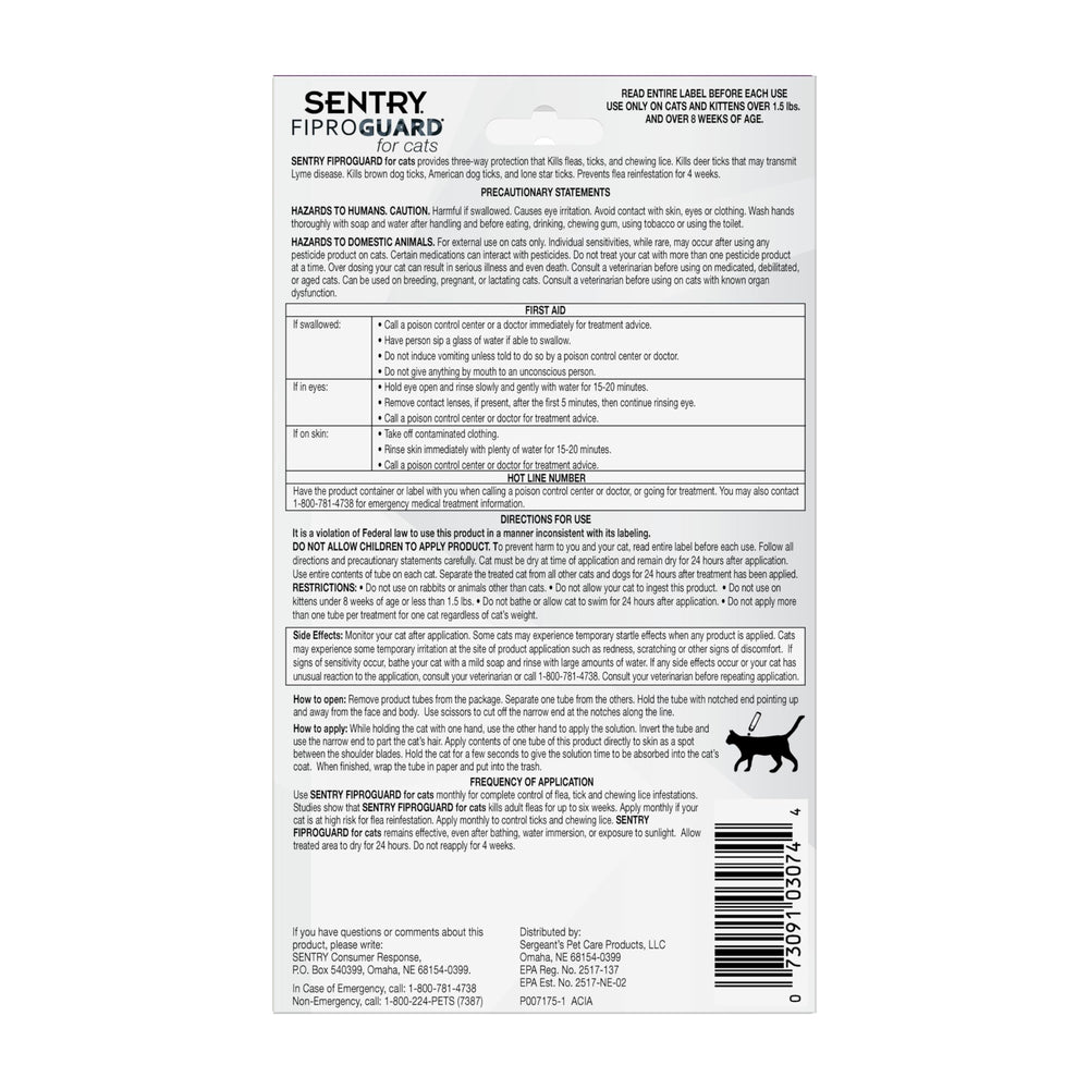 Fiproguard cat flea treatment close-up highlighting fipronil-based formula.