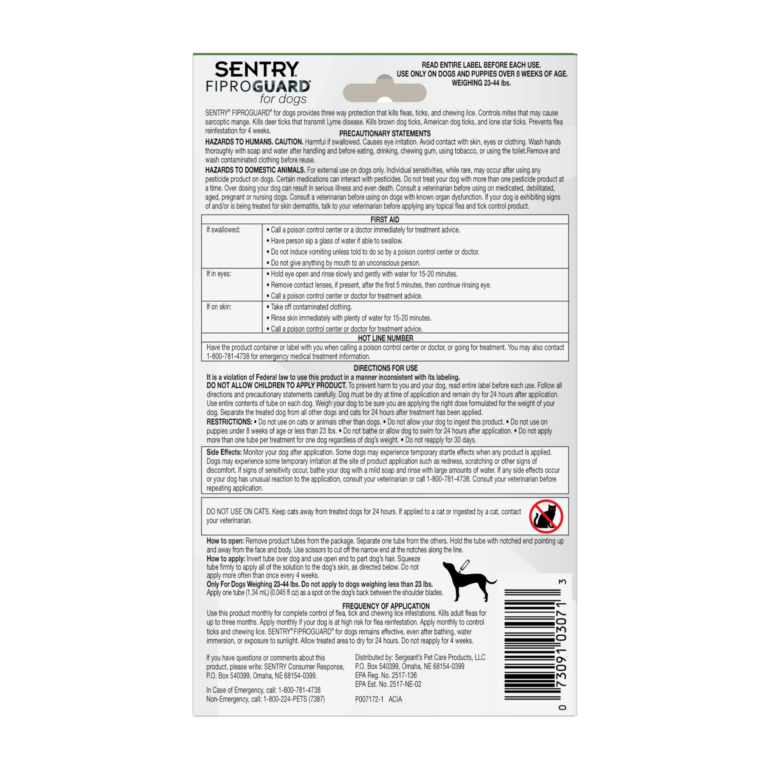 Product label close-up with directions for 23-44 lb dogs.