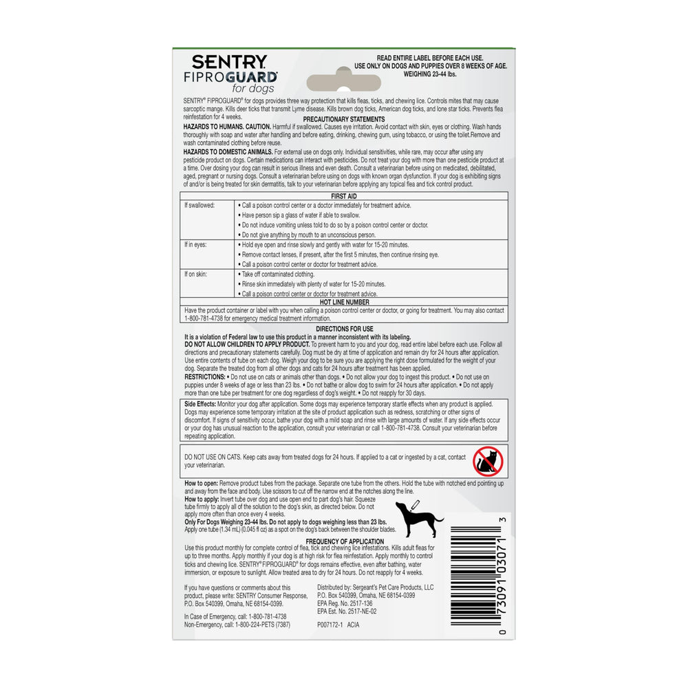 Product label close-up with directions for 23-44 lb dogs.
