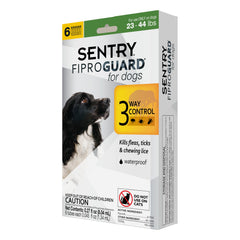 Fiproguard packaging for dogs showing flea and tick protection and six-month supply.