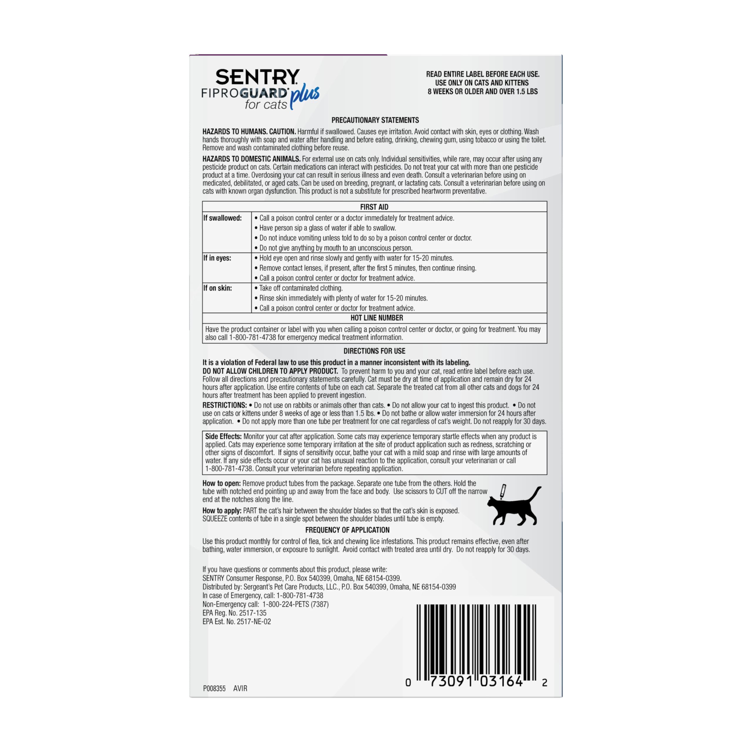 Waterproof Fiproguard Plus topical on cat fur for lasting protection.