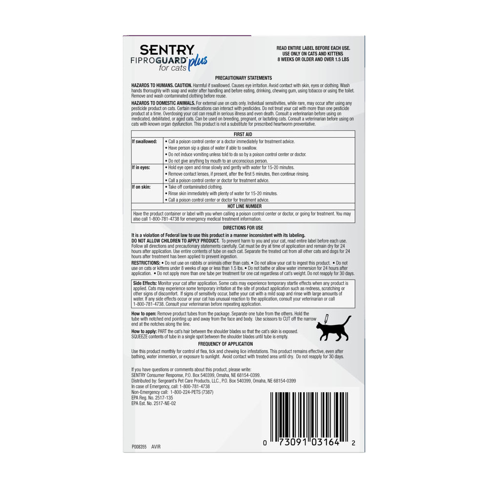 Waterproof Fiproguard Plus topical on cat fur for lasting protection.