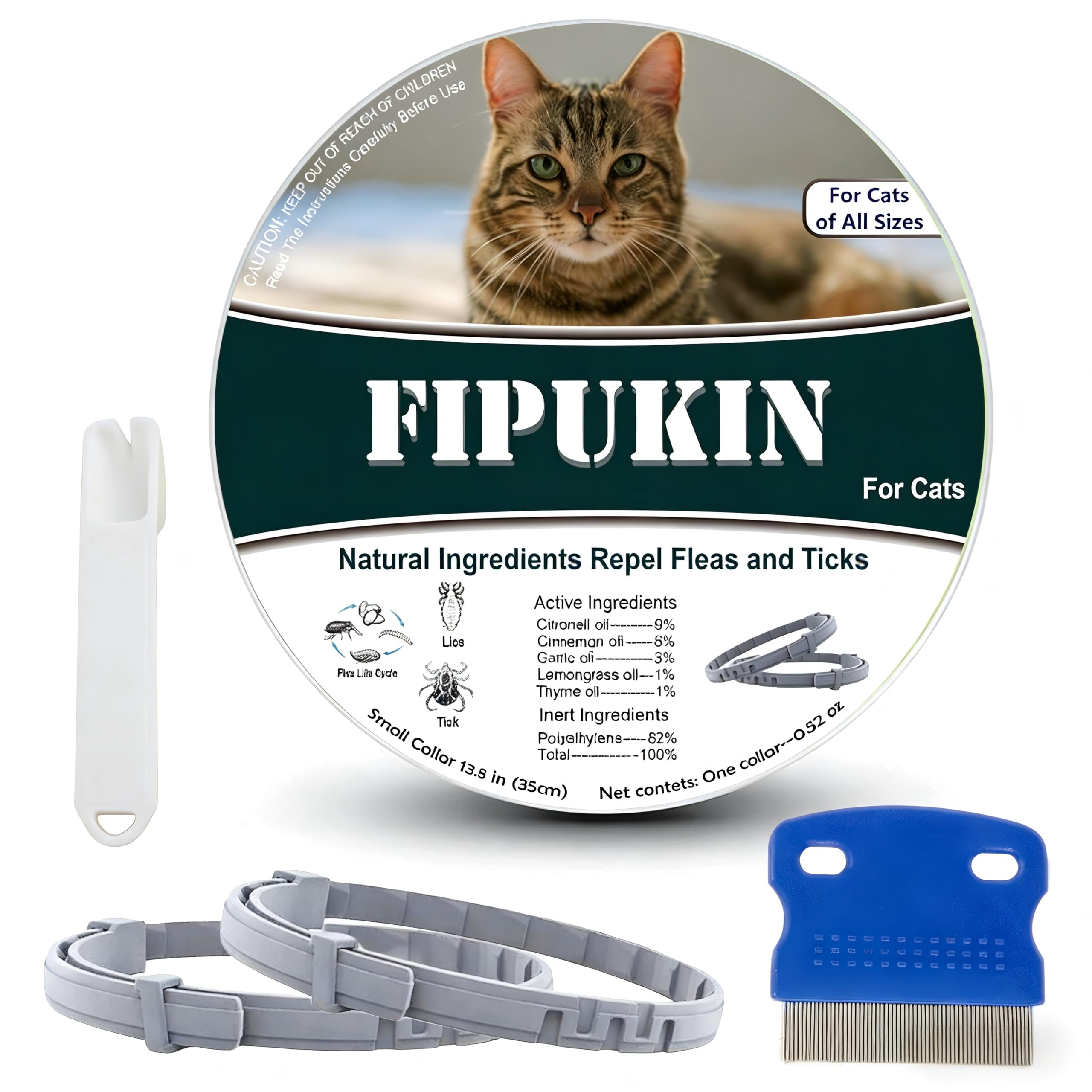Fipukin Natural Flea Collar cat closeup shows adjustable design for reliable protection
