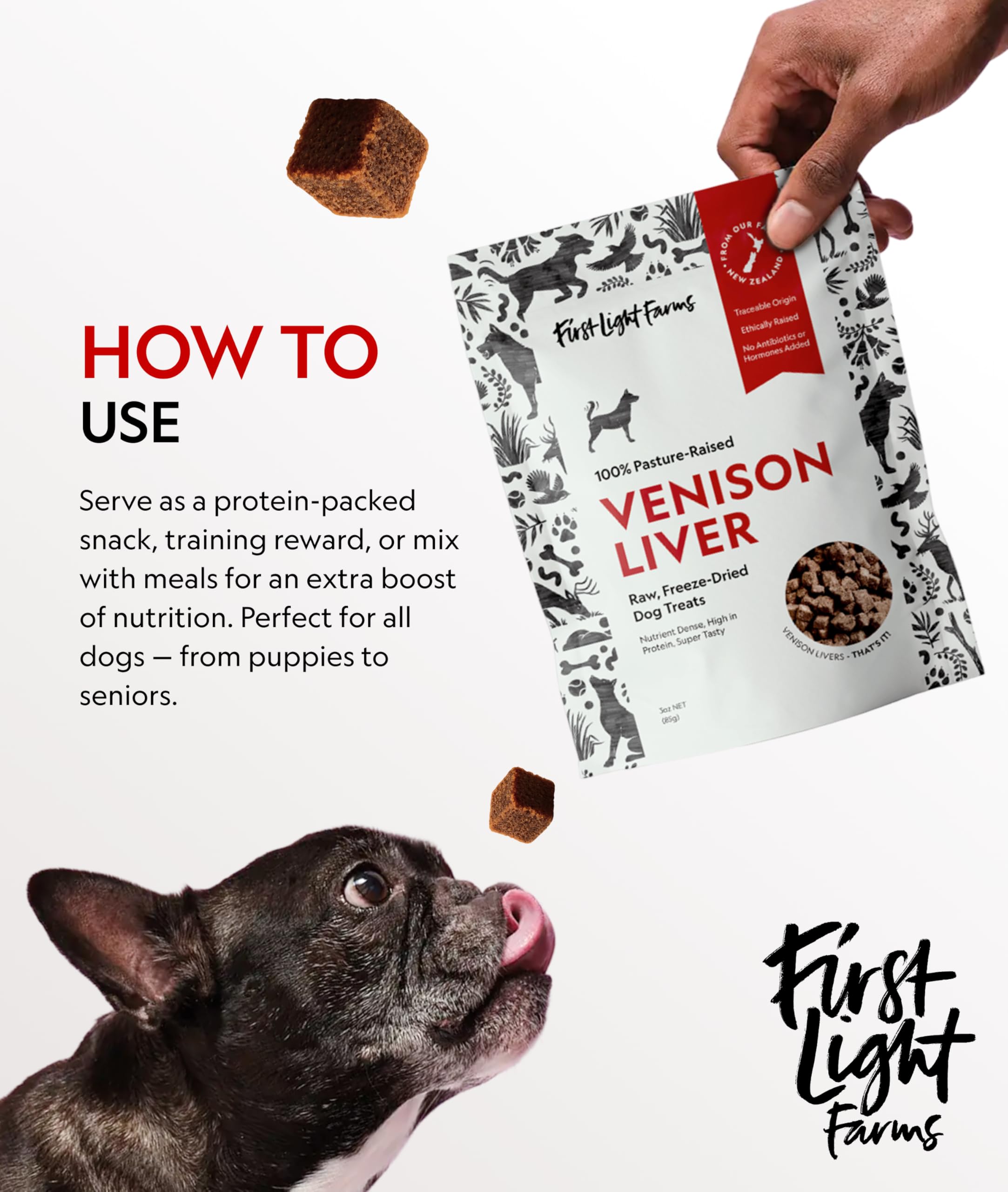 First Light Venison Liver dog treats bites-ready pieces for coat and energy.