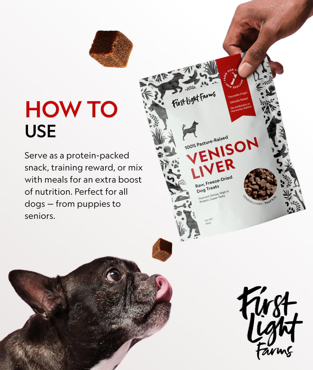First Light Venison Liver dog treats bites-ready pieces for coat and energy.