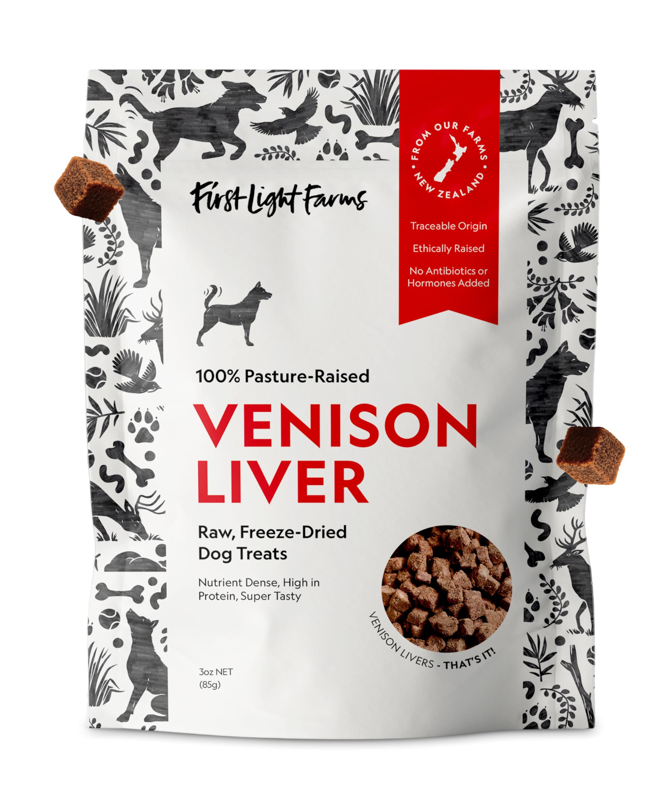 First Light Venison Liver dog treats pack front, protein-rich reward.