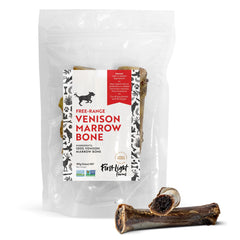 First Light Venison Marrow Bones pack, a natural long-lasting chew for dogs.