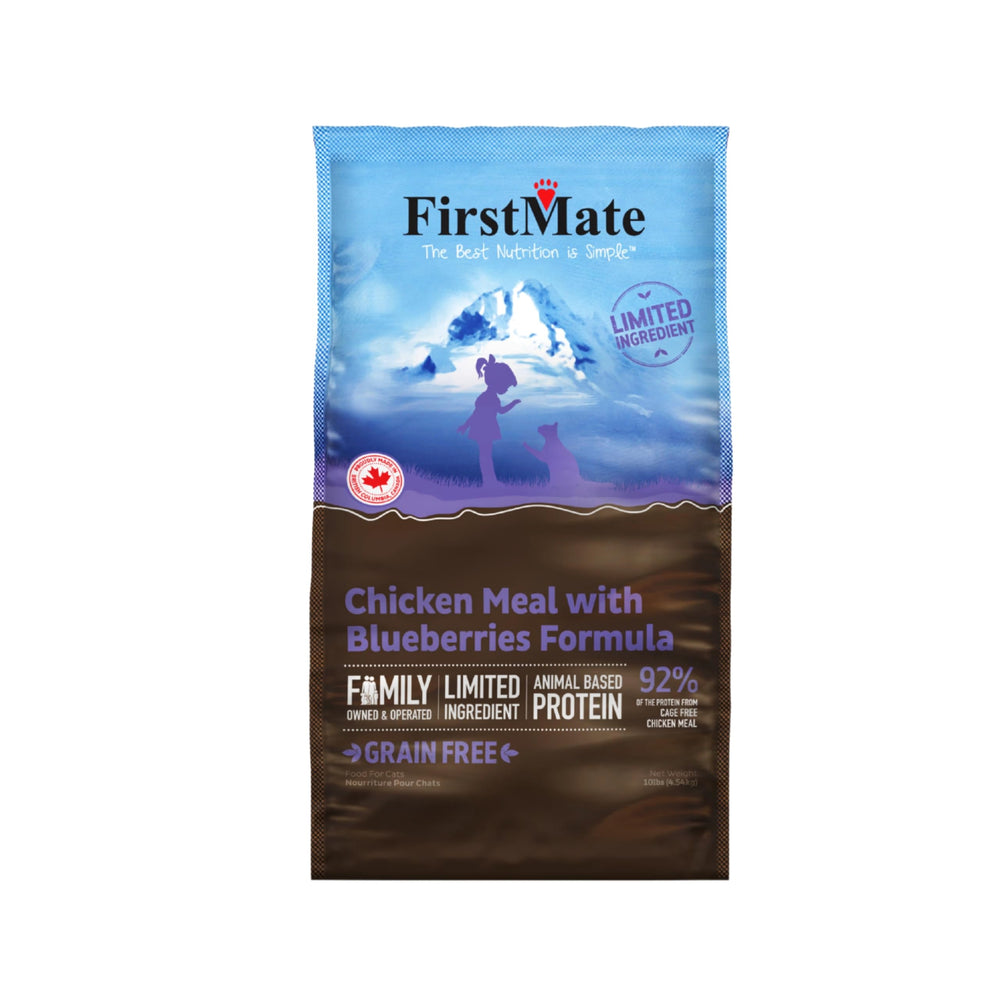 FirstMate chicken meal with blueberries kibble close-up, savory texture for cats