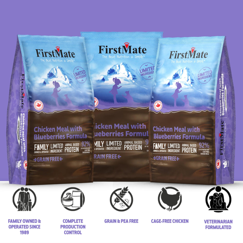 FirstMate grain-free ingredient-list graphic emphasizes simple, pea-free formula
