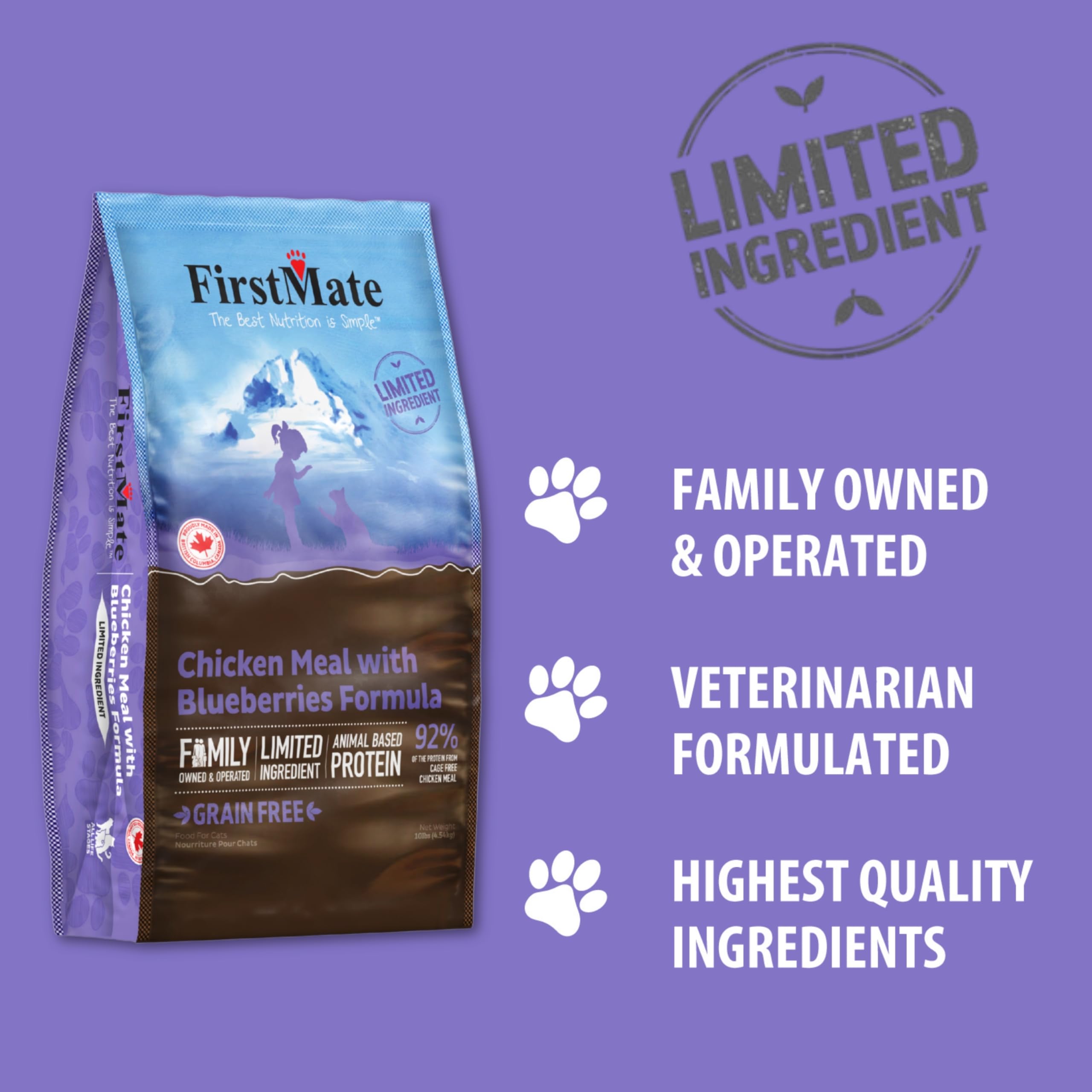 FirstMate no peas, flax, or fish packaging emphasizes ingredient simplicity