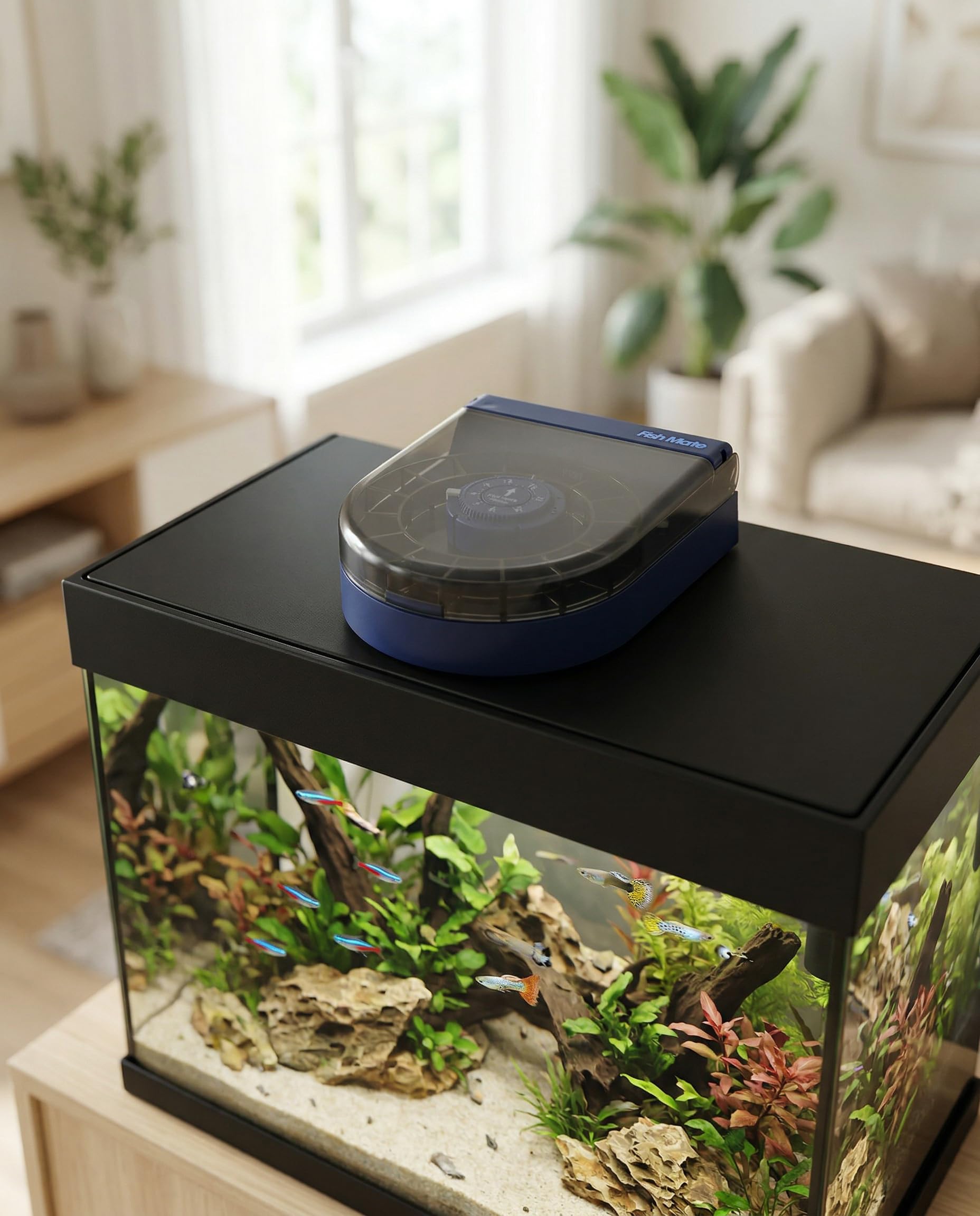 Fish Mate F14 vacation-use scenario for unattended feeding during trips