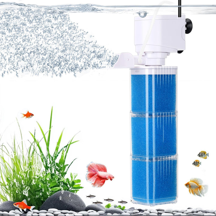 Fishkeeper 4-in-1 filter front view shows compact design for clear water
