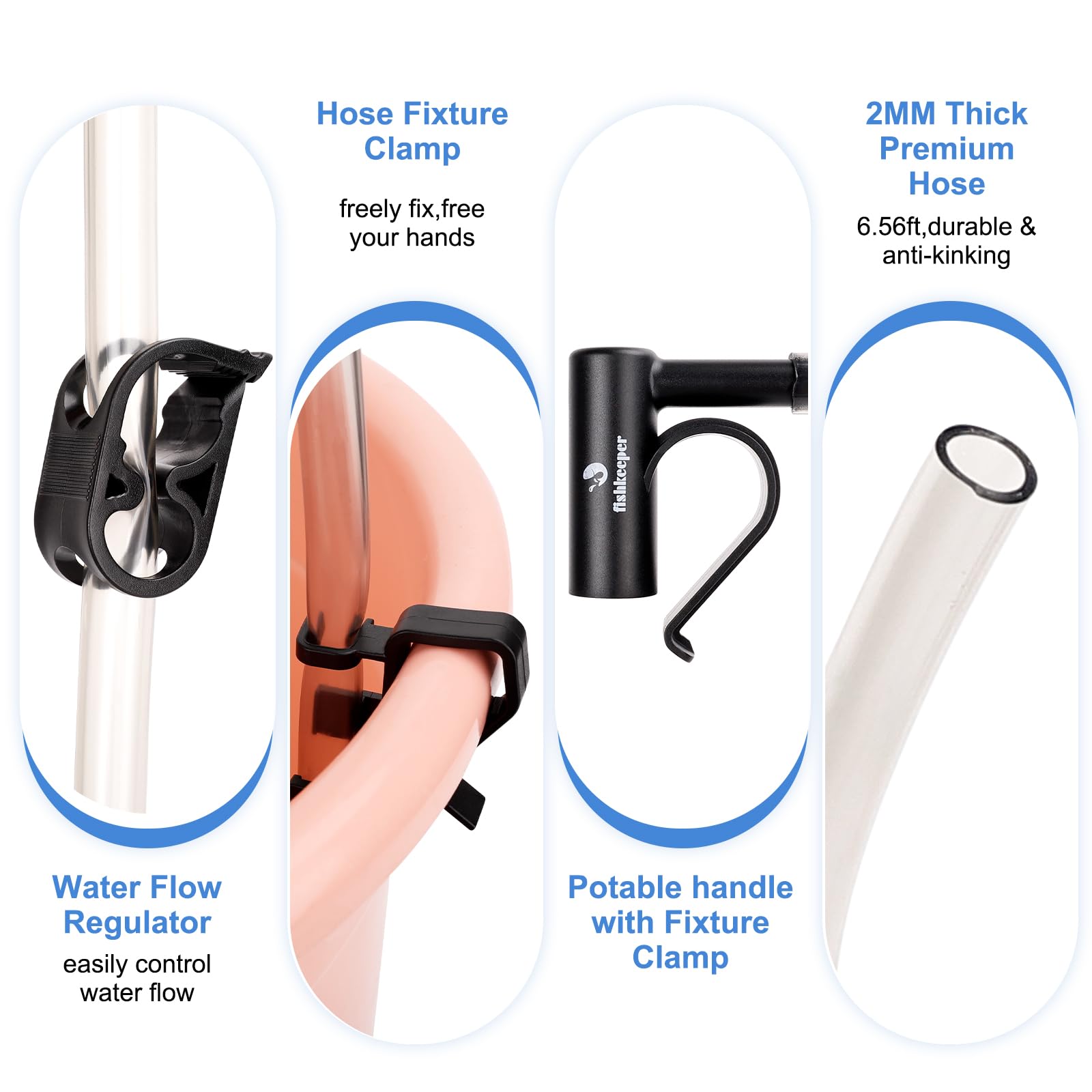 Fishkeeper 79-inch water outlet hose provides flexible routing during changes.