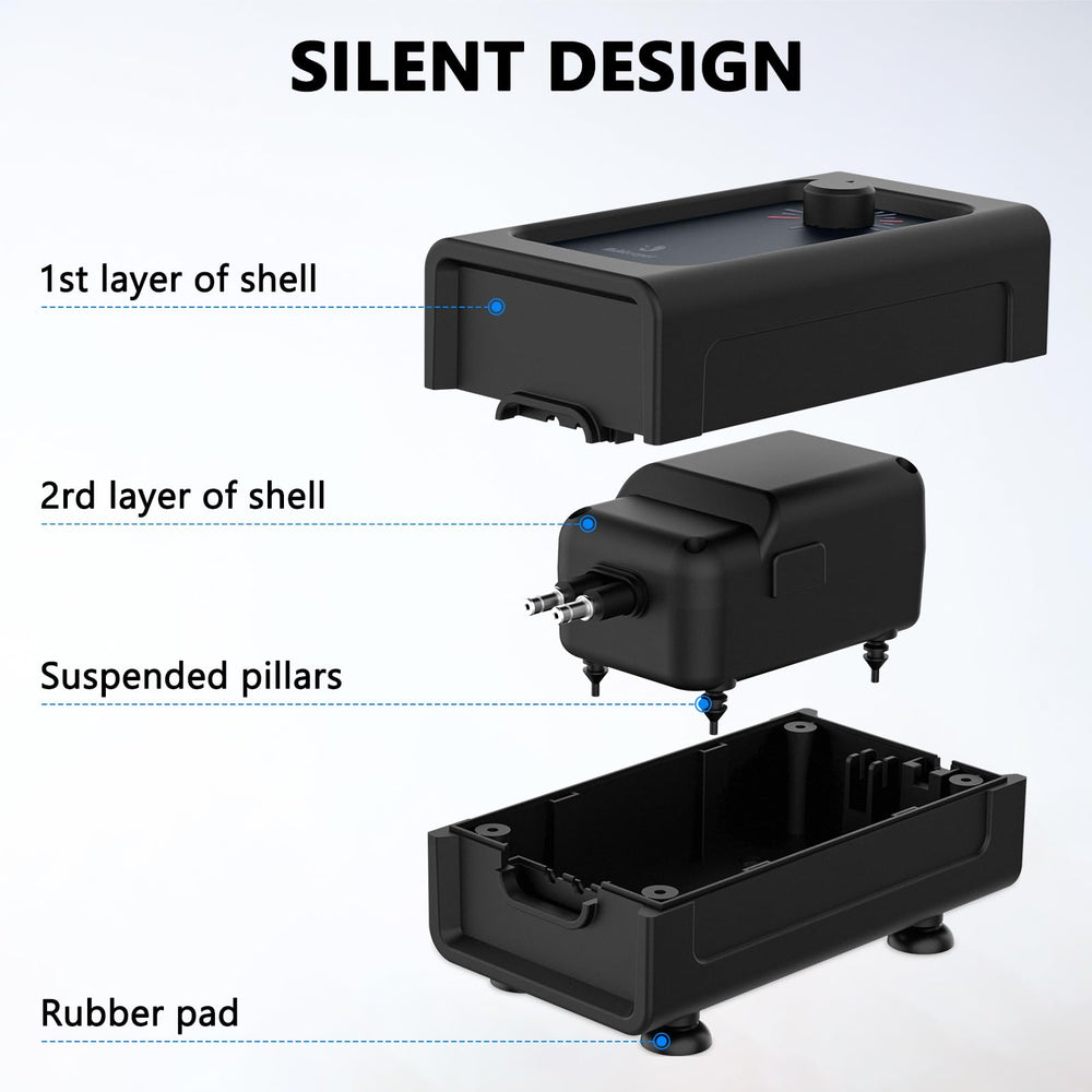 Fishkeeper air pump adjustable flow knob highlights precise oxygen control for tanks.