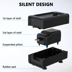Fishkeeper air pump adjustable flow knob highlights precise oxygen control for tanks.