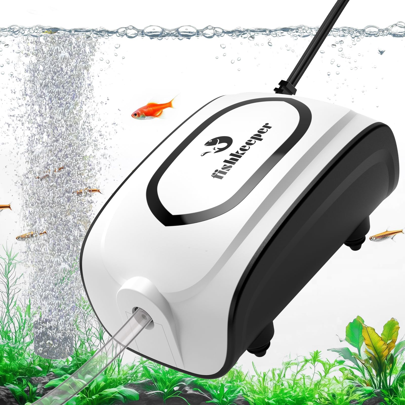 Fishkeeper aquarium air pump's compact design delivers steady airflow for up to 50 gallons.
