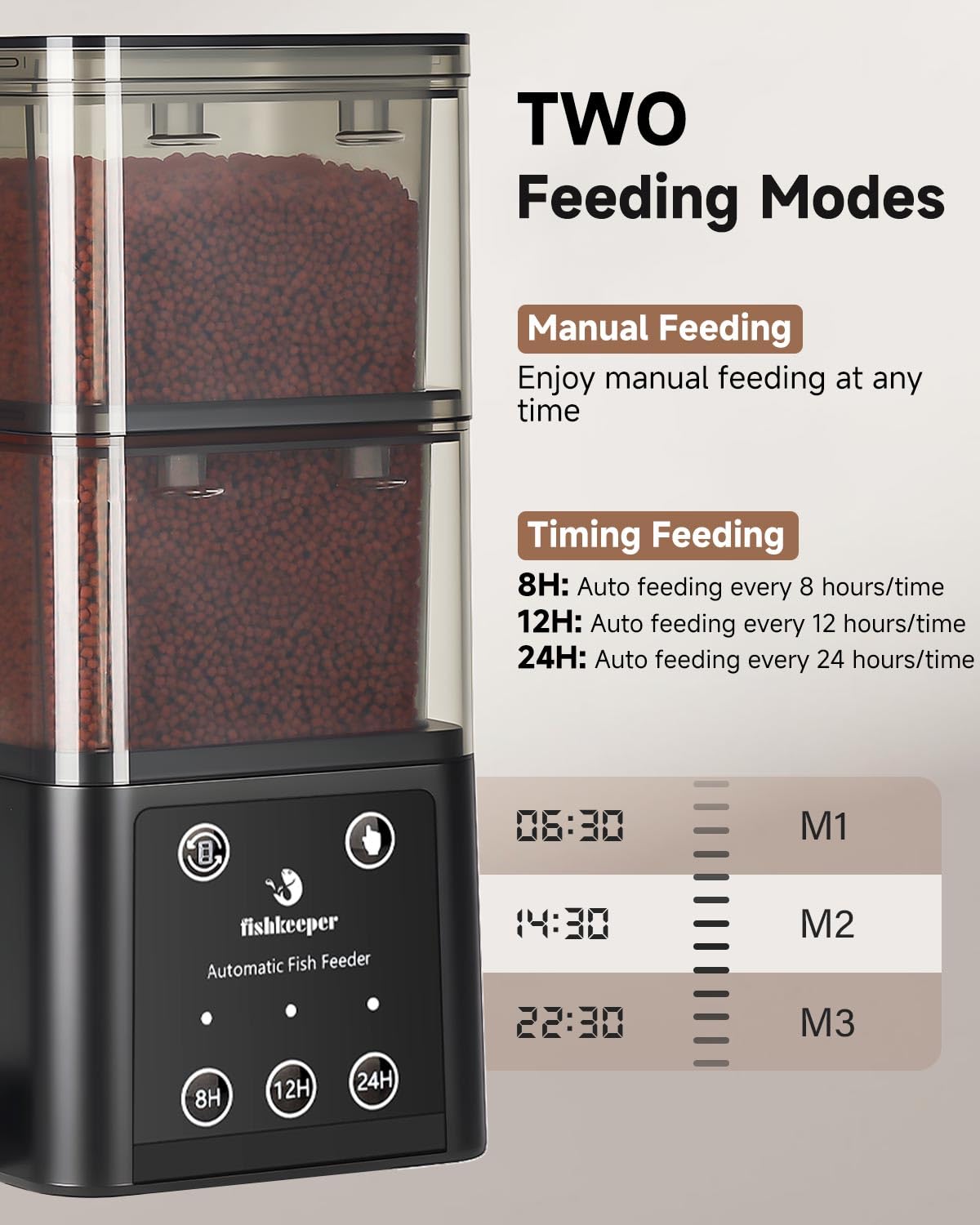 Fishkeeper automatic feeder three feeding sizes for precise portions.