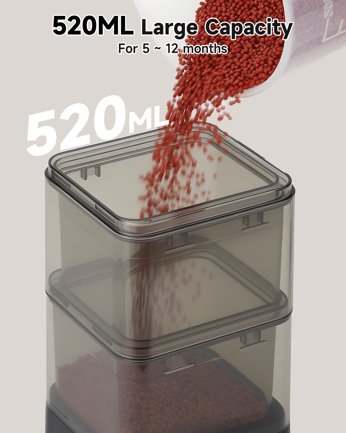 Fishkeeper automatic feeder transparent tank for easy monitoring and timely refills.