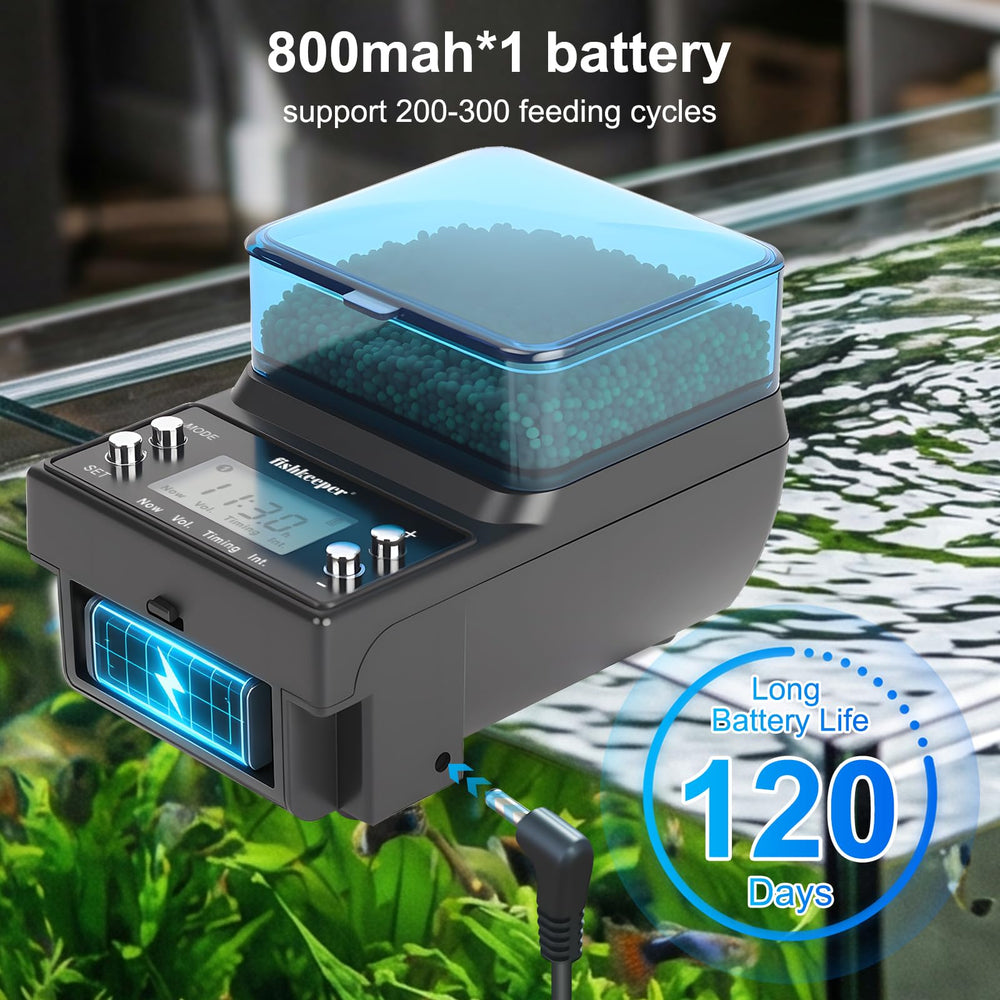 Fishkeeper battery life supports weeks of unattended feeding