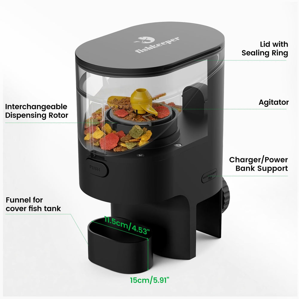 Fishkeeper betta and turtle-friendly design suits vacation feeding in aquariums.