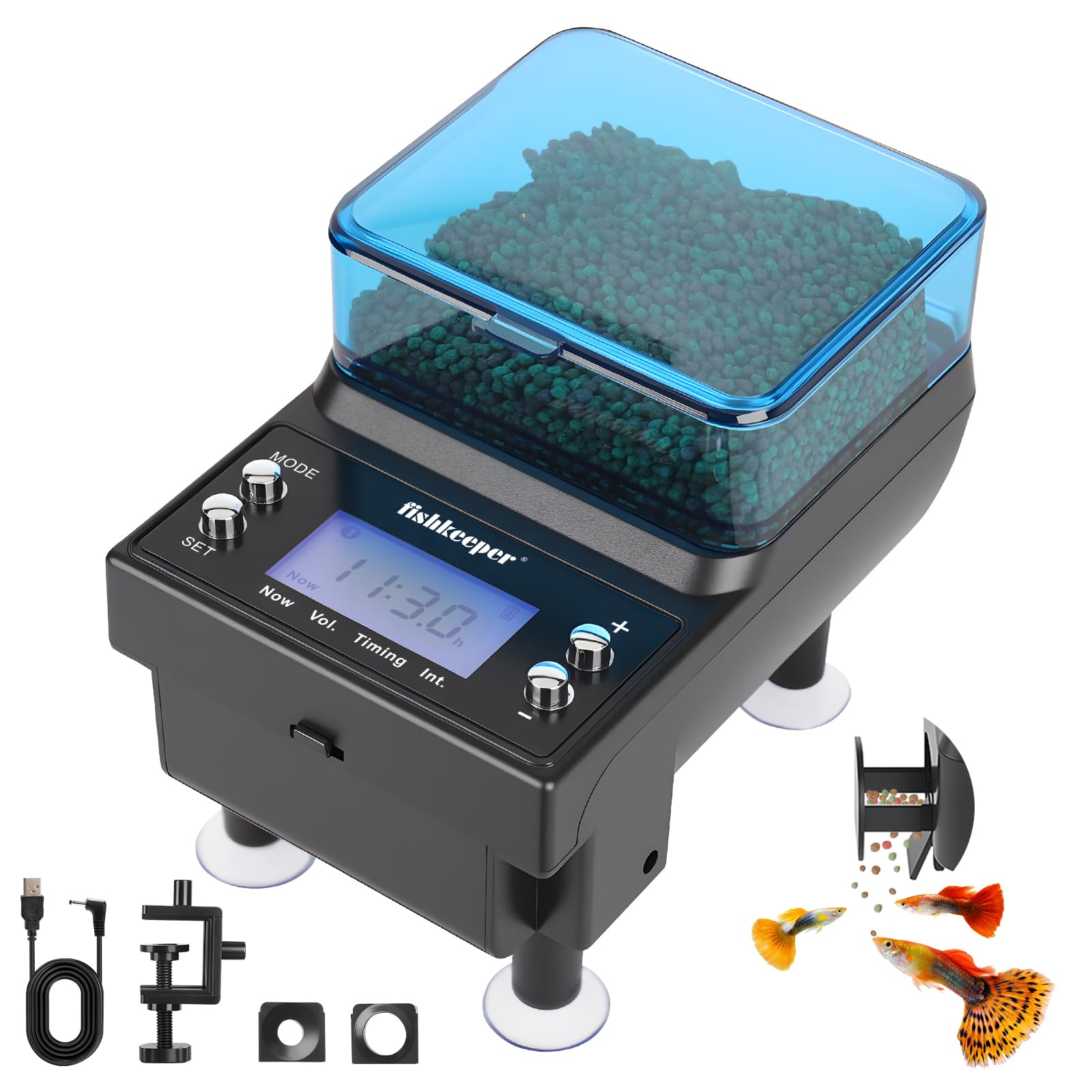Fishkeeper automatic feeder front view showing compact design for easy daily use