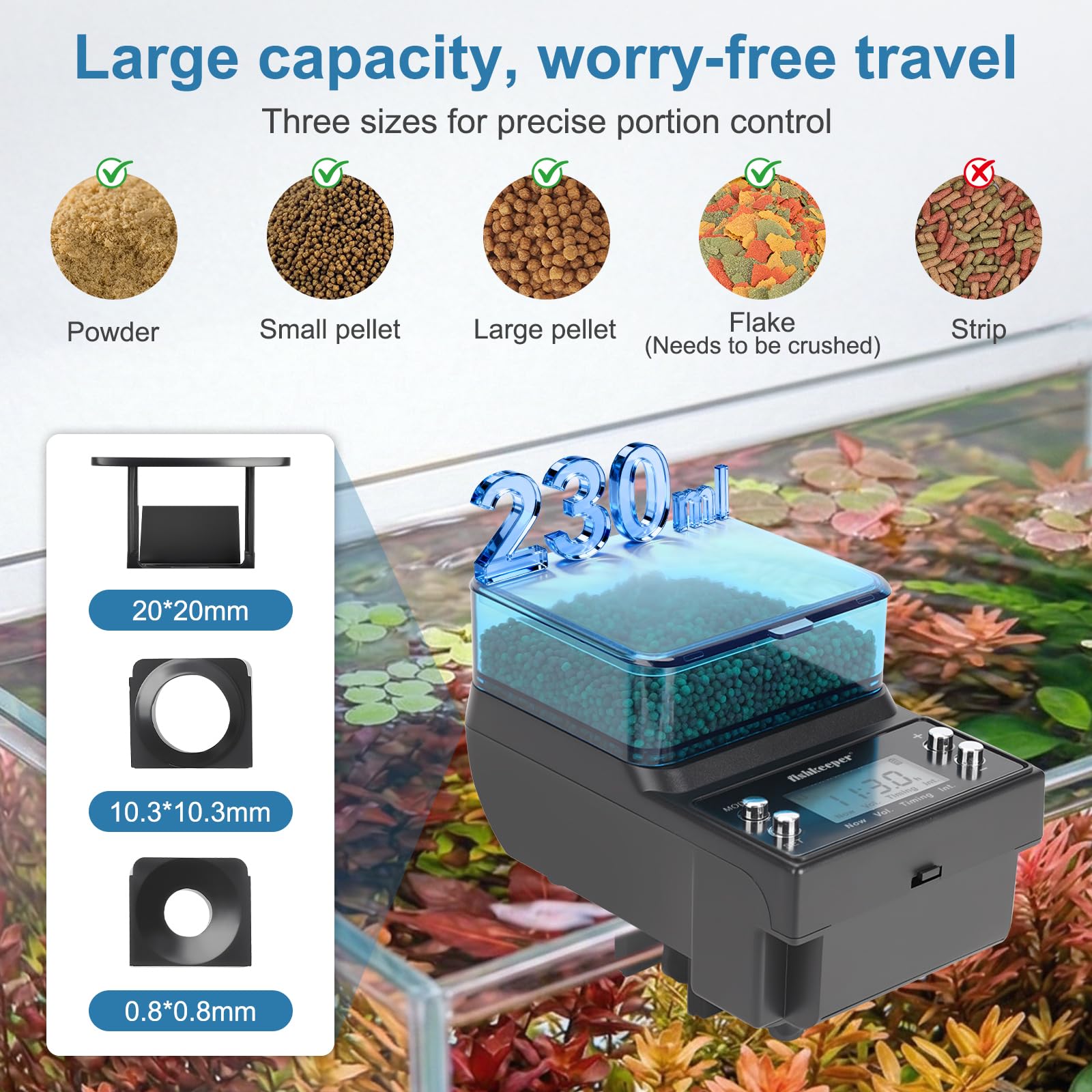 Fishkeeper feeder LCD display provides clear schedule setup and monitoring