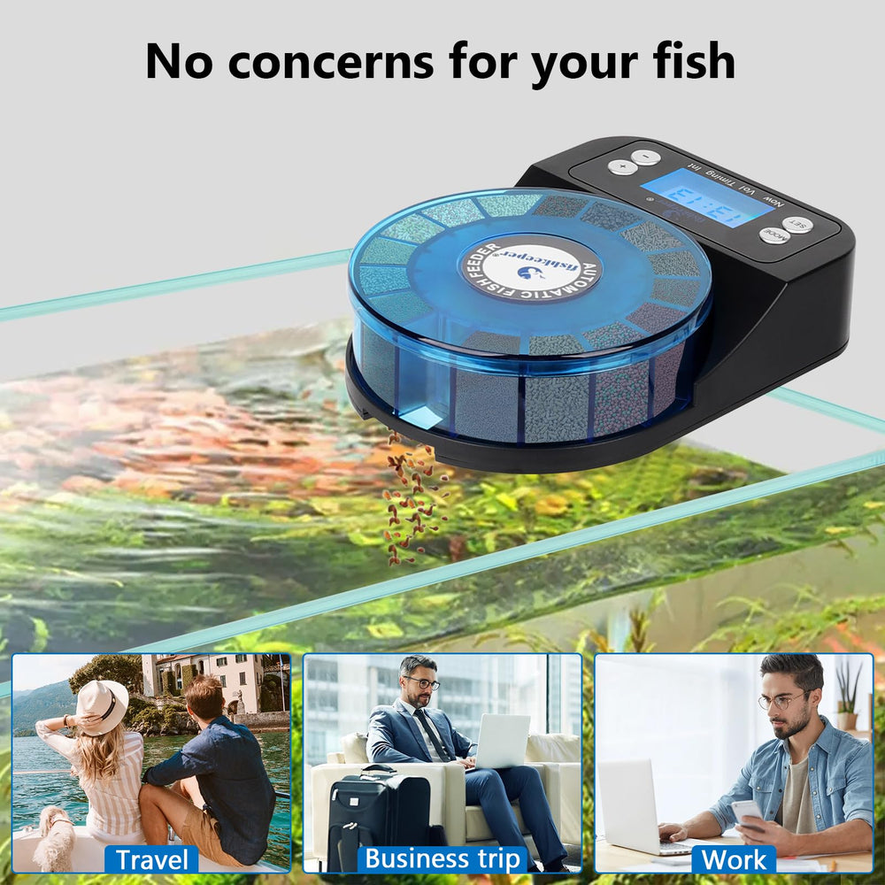 The Fishkeeper precision feeding display helps set times and portions.