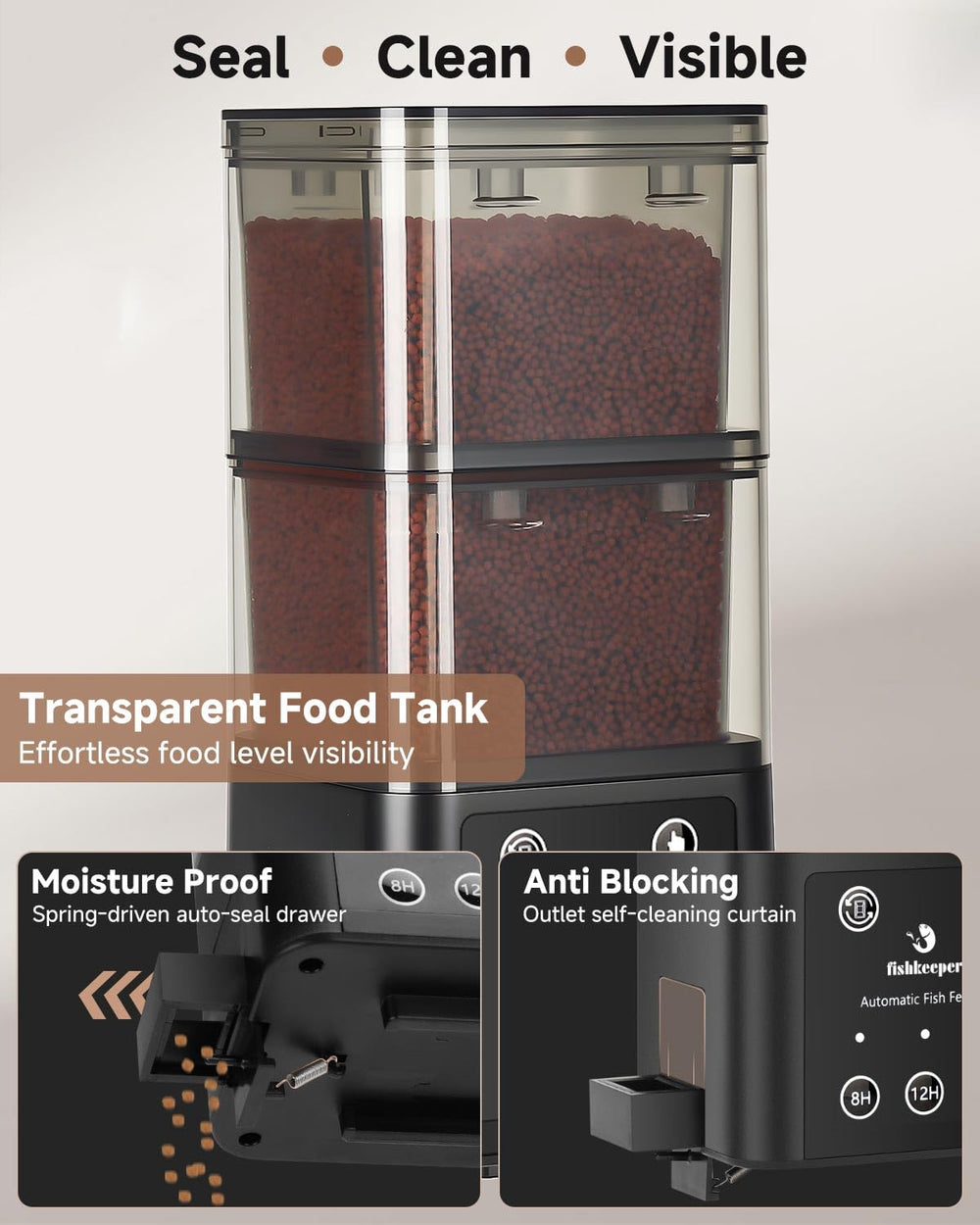 Fishkeeper automatic feeder ultra-quiet operation during feeding sessions.