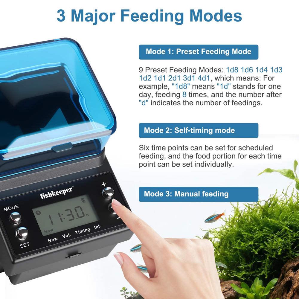 Fishkeeper feeder side dial enabling quick adjustments for precise portions