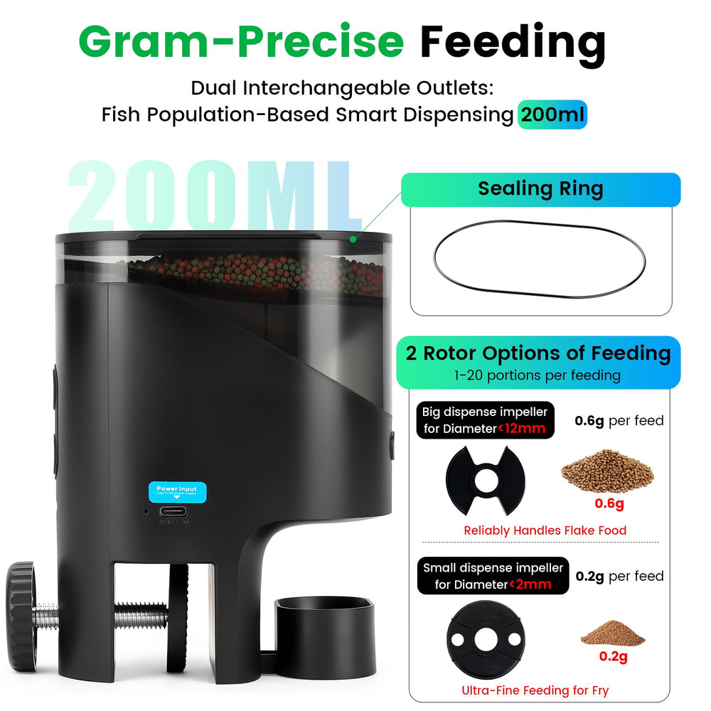 Fishkeeper small-port rotor delivers 0.2g per serving for tiny fish.