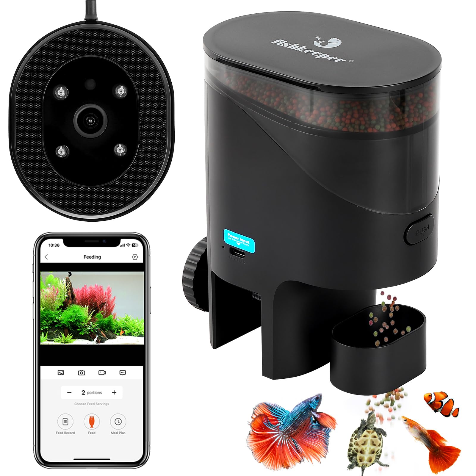 Fishkeeper automatic feeder mounted on aquarium wall for stable, hands-free feeding.